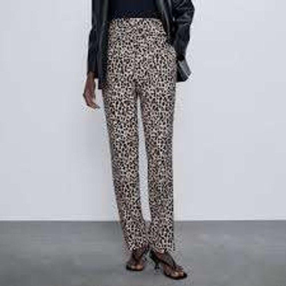 ZARA BASIC Leopard Print Wide Leg Cropped Pants‎ Women's Size L